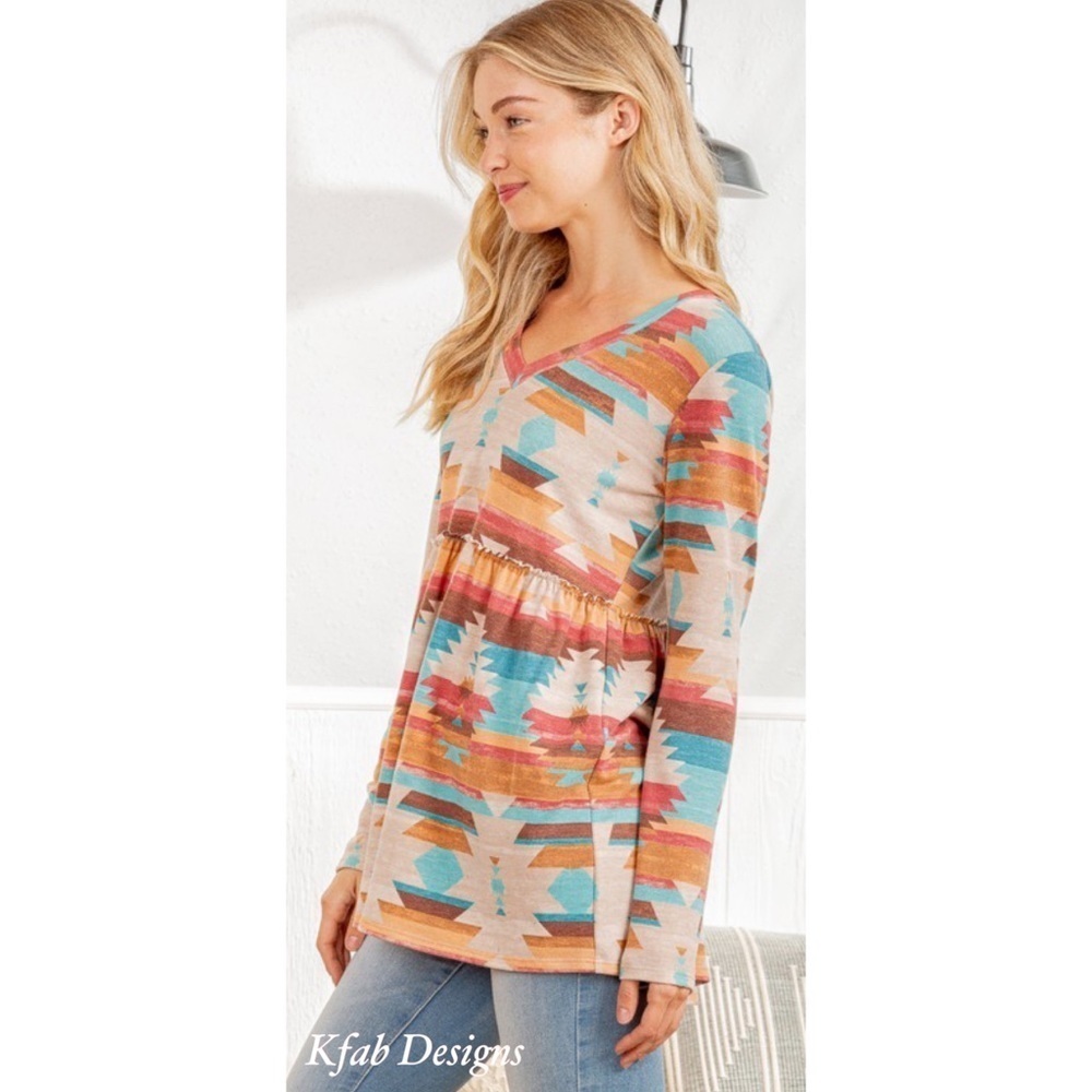 LAST 2! V Neck Ruffle Detail Aztec Print Top! - Picture 7 of 11